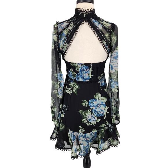 ASOS DESIGN Dark Floral Lace Trim Mini Dress w Cut Out Back Sheer Long Sleeves - Picture 5 of 9